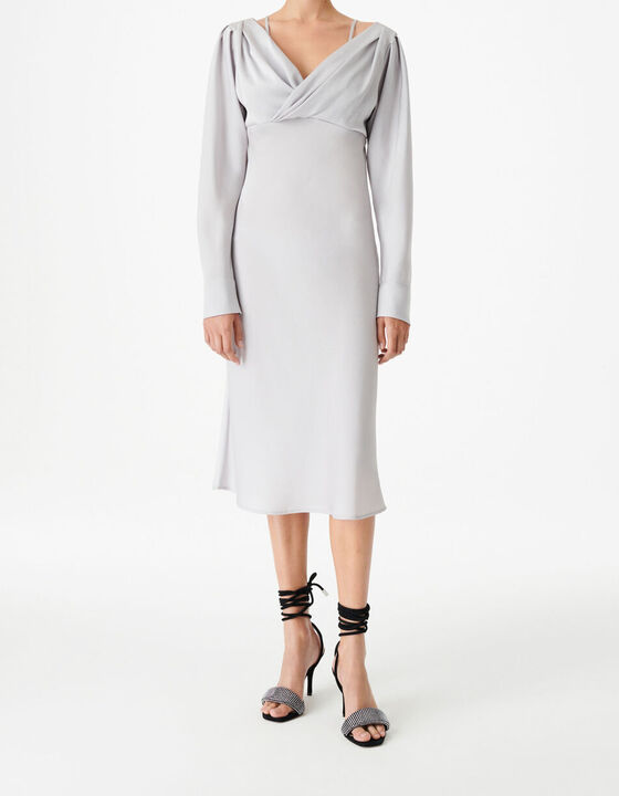 GUYAPI DRAPED V-NECK MIDI DRESS